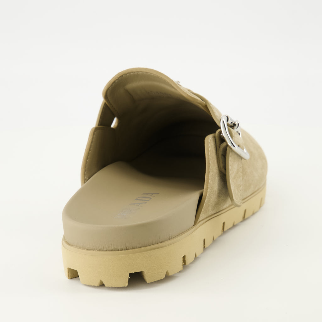 Image of the beige suede mules by Prada for Men - Spring-Summer 2026 - Back view
