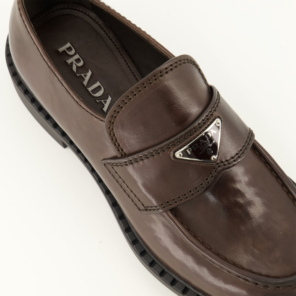 Mocassins Braune Leder Slipper Prada Marron Homme