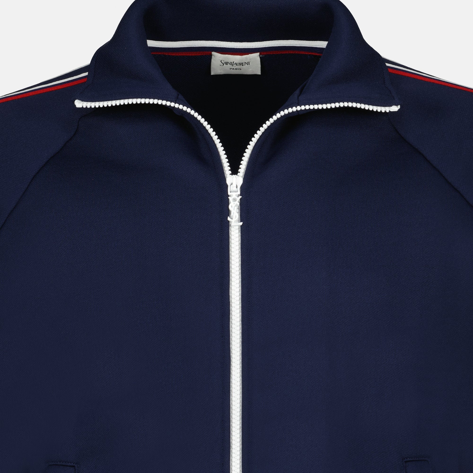 Image of the blue fleece tracksuit jacket by Saint Laurent for Men - Spring-Summer 2026 - Detailed View_1