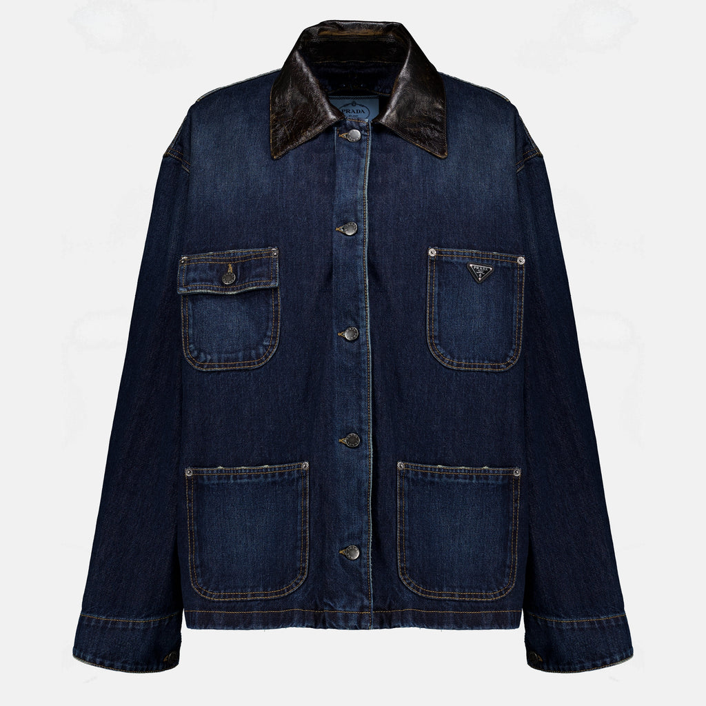 Vestes 다크 블루 데님과 가죽 자켓 Prada Bleu foncé Femme