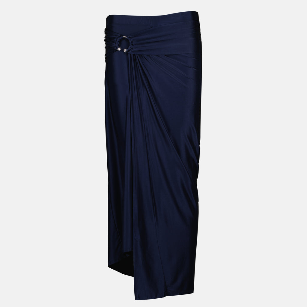 여성용 브랜드 Rabanne의 네이비 블루 저지 미디 스커트 이미지 - 2026 봄-여름 시즌 - 정면 보기