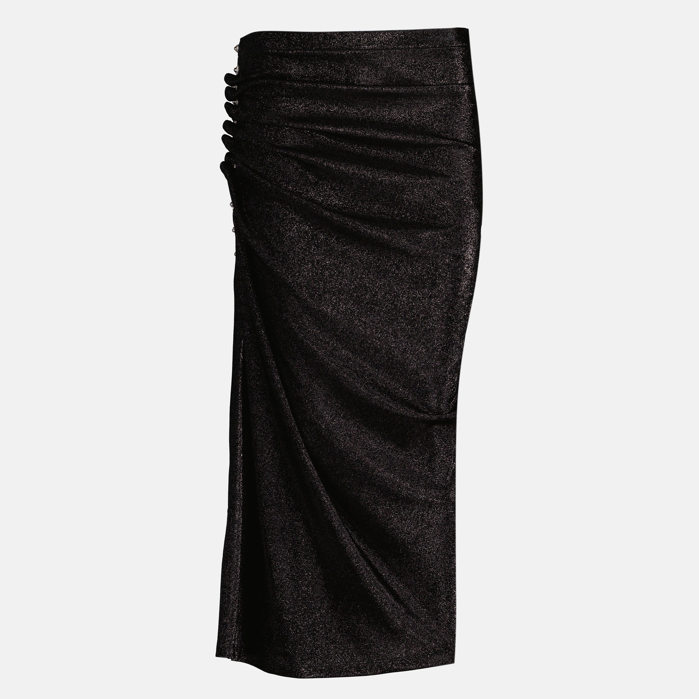 Immagine dell'articolo Gonna midi drappeggiata in jersey nero lucido del marchio Rabanne per Donna - Stagione Primavera-Estate 2026 - Vista Frontale