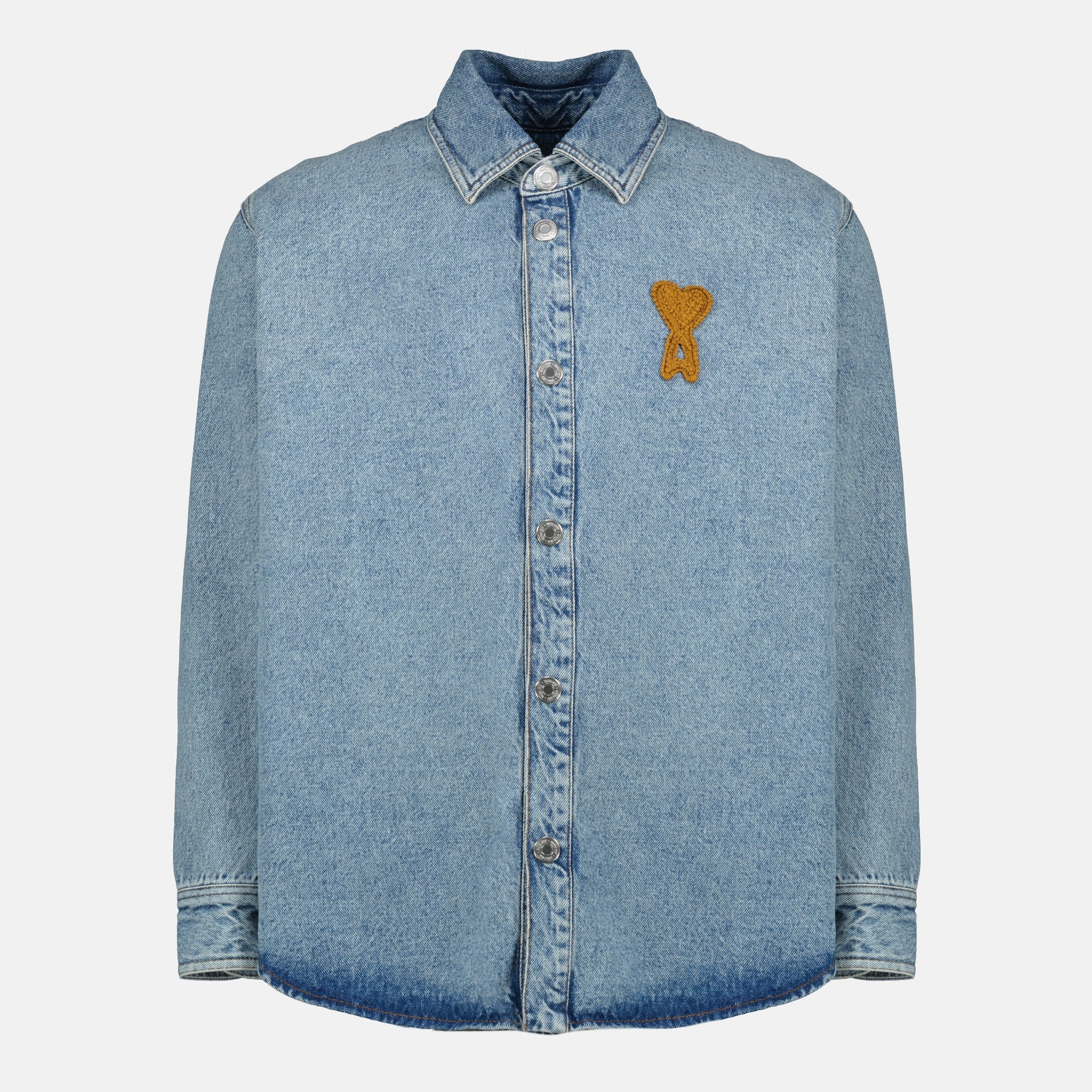 Image of the AMI blue crochet heart denim shirt by Ami PARIS for Unisex - Spring-Summer 2026 - Front View
