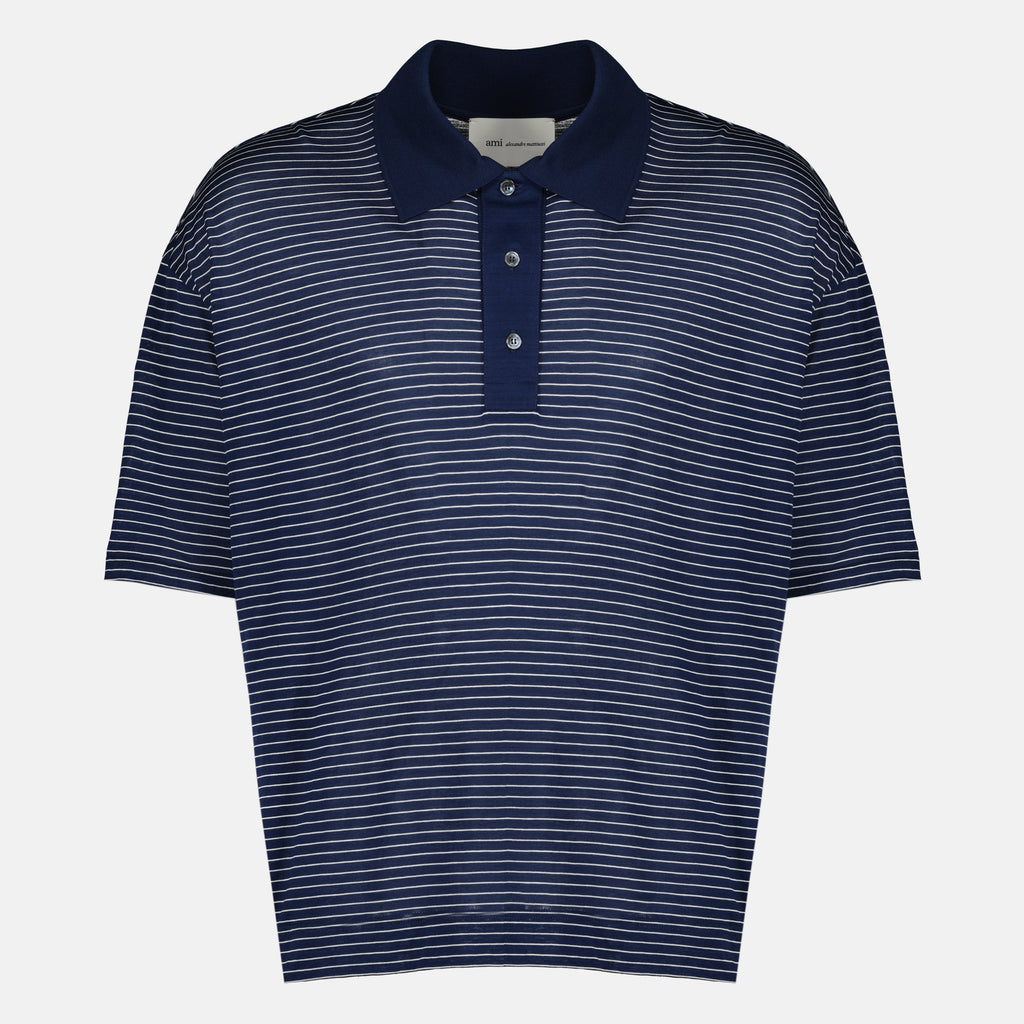 Imagen del polo de algodón azul marino a rayas de la marca Ami PARIS para Unisex - Temporada Primavera-Verano 2026 - Vista Frontal