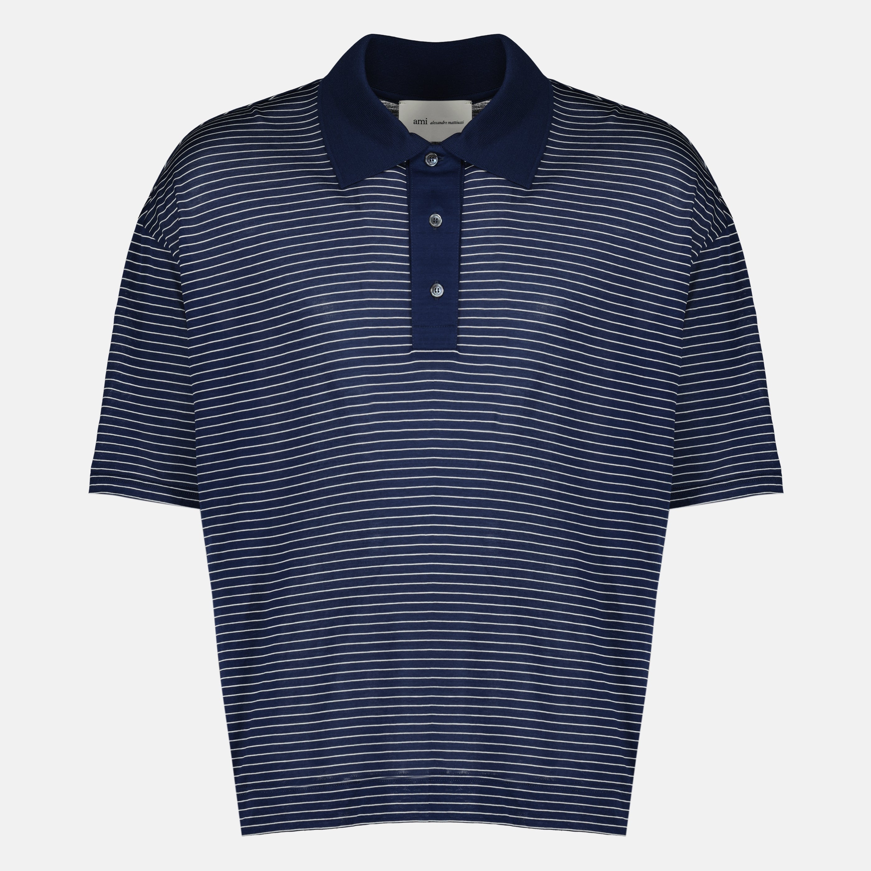 Ami PARIS 브랜드의 유니섹스용 네이비 블루 스트라이프 면 폴로 이미지 - 2026 봄-여름 - 정면 보기