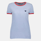 Bild des blauen gestreiften T-Shirts der Marke Prada für Damen - Frühjahr-Sommer 2026 - Vorderansicht