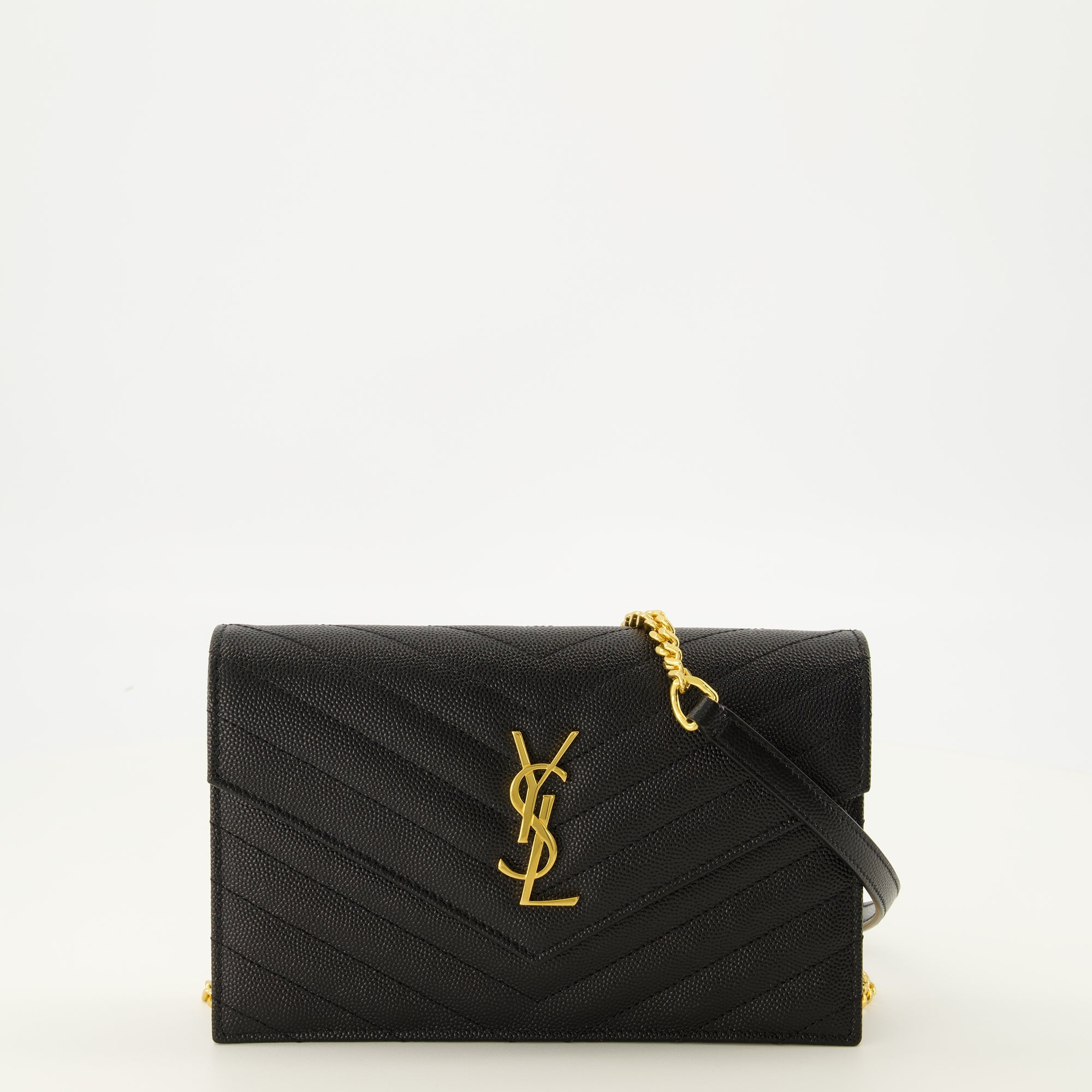 Sacs à main et épaule Carteira Cassandre com Cadeia em Couro Granulado Preto Saint Laurent Noir Femme