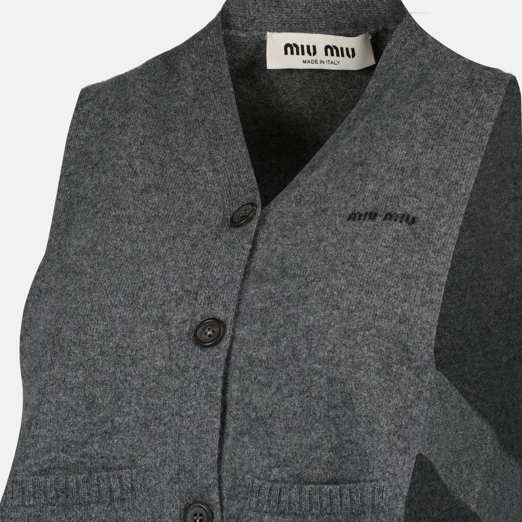 Image of the Miu Miu Women's Sleeveless Grey Wool Cardigan - Spring-Summer 2026 - Detailed View_1