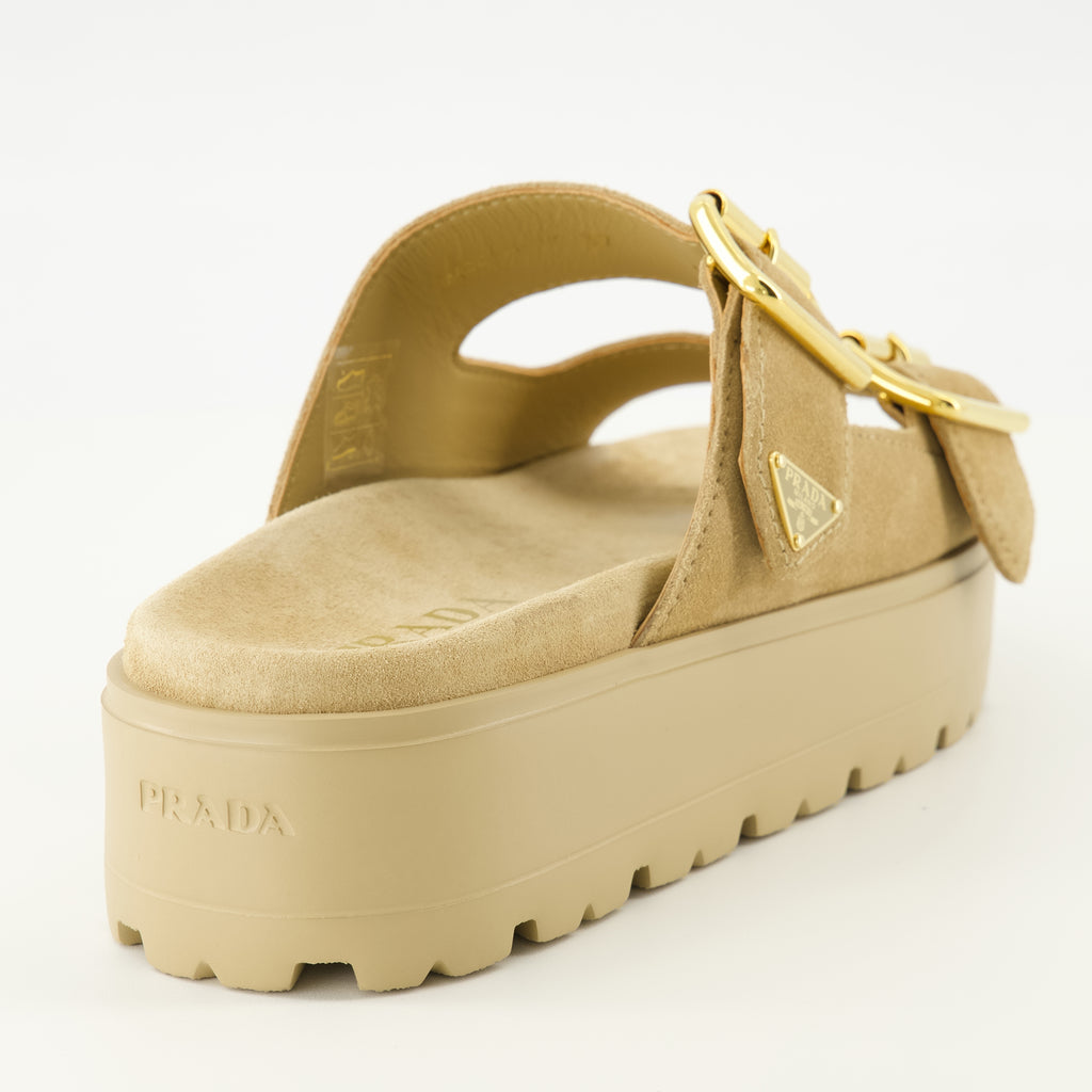 Imagen de las Mules de Plataforma de Ante Beige de Prada para Mujer - Temporada Primavera-Verano 2026 - Vista trasera