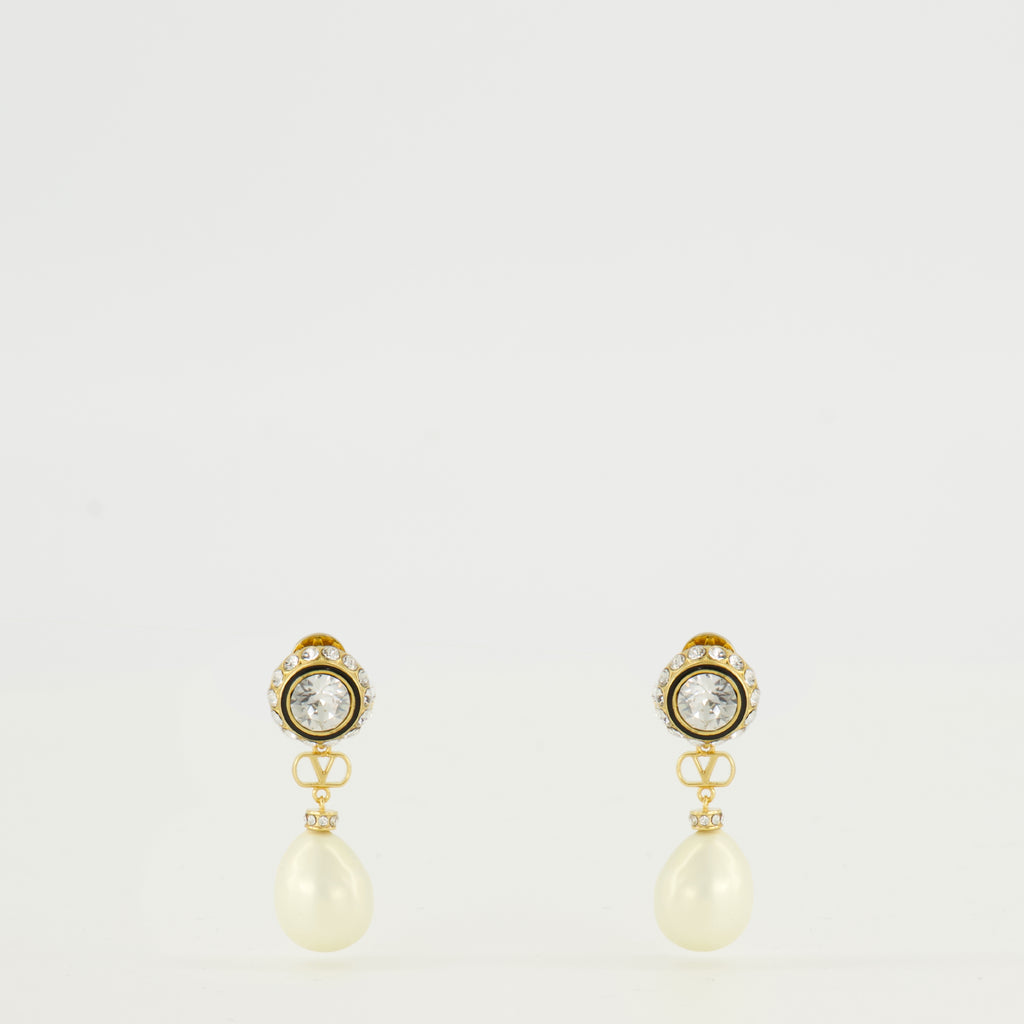 Bijoux Vlogo 귀걸이와 진주 및 금색 크리스탈 Valentino Garavani Doré Femme