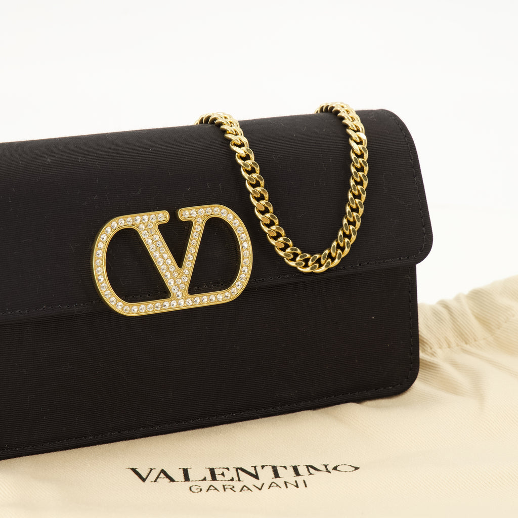 Petite maroquinerie Carteira com Cadeia VLogo em Tecido Preto Valentino Garavani Noir Femme