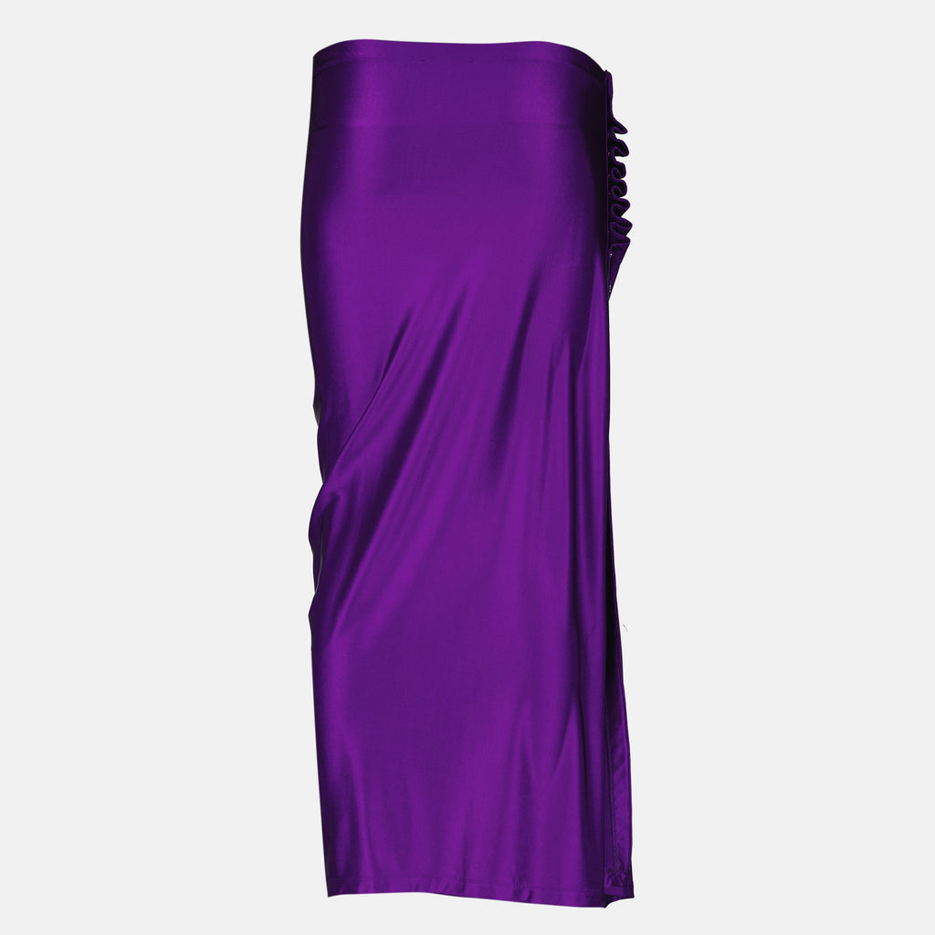 Image of the purple jersey draped midi skirt with a satin finish by Rabanne for Women - Spring-Summer 2026 - Back View