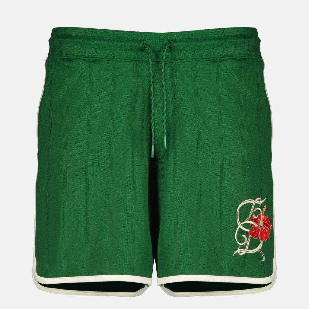 Image of the D-Hibiscus green cotton shorts from the brand Drole De Monsieur for Men - Spring-Summer 2026 - Front View