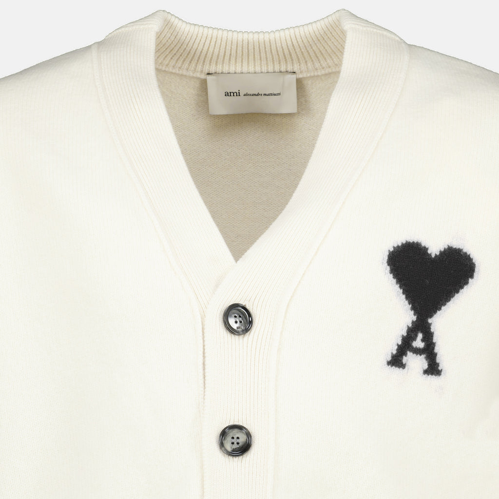 Maille White Wool AMI Heart Cardigan Ami PARIS Blanc Unisexe