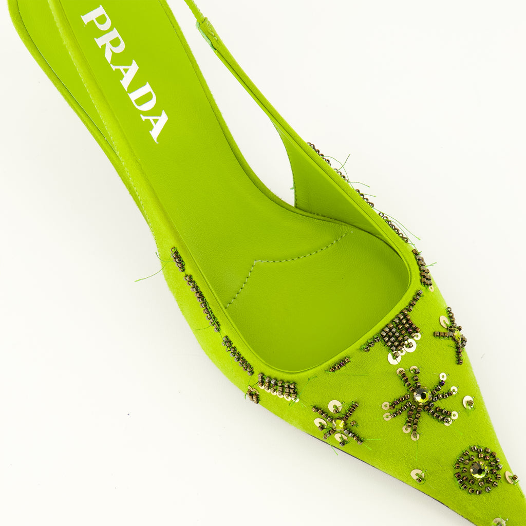 Escarpins グリーン刺繍サテンベイビーヒール Prada Vert Femme