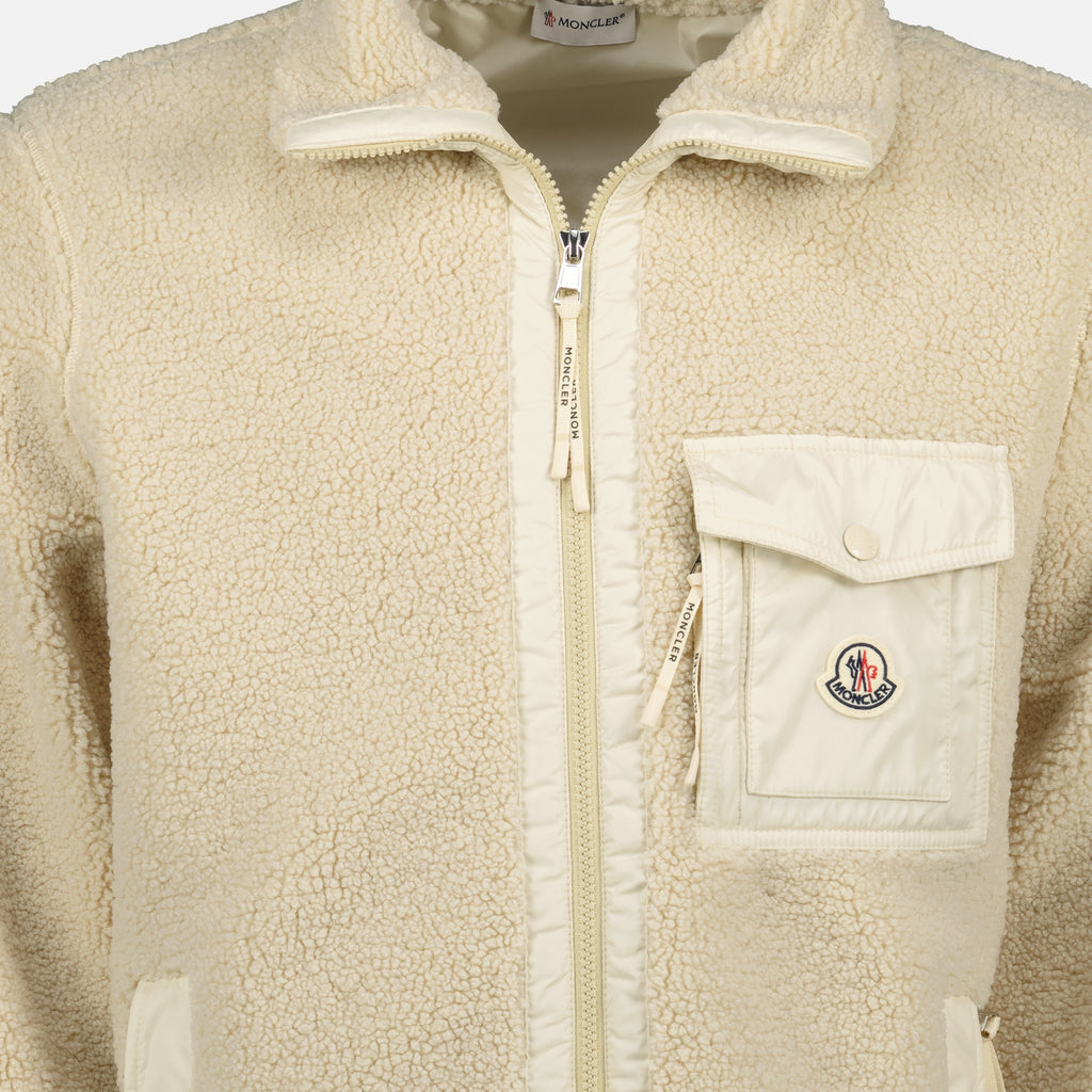 Image of Moncler's beige teddy zip-up jacket for Men - Fall-Winter 2025 - Detailed View 2