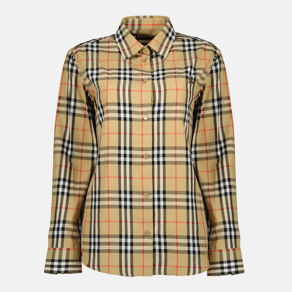 Image of the beige check shirt by Burberry for Women - Spring-Summer 2026 - Front View