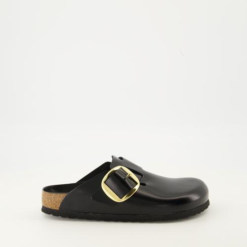 Birkenstock Black Leather Clogs with Side Buckle Boston Soft Footbed Suede Leather in Color Black  main image 4