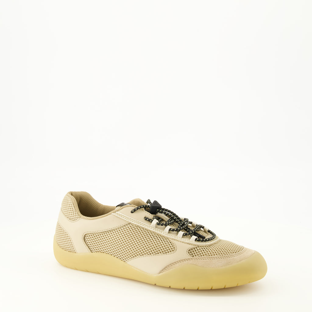 Baskets Sapatilhas Speedrock Beijes em Couro e Malha Prada Beige Homme