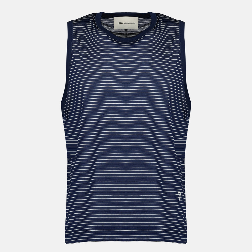 Immagine dell'articolo Canottiera a righe blu navy in cotone del marchio Ami PARIS per Uomo - Stagione Primavera-Estate 2026 - Vista Frontale