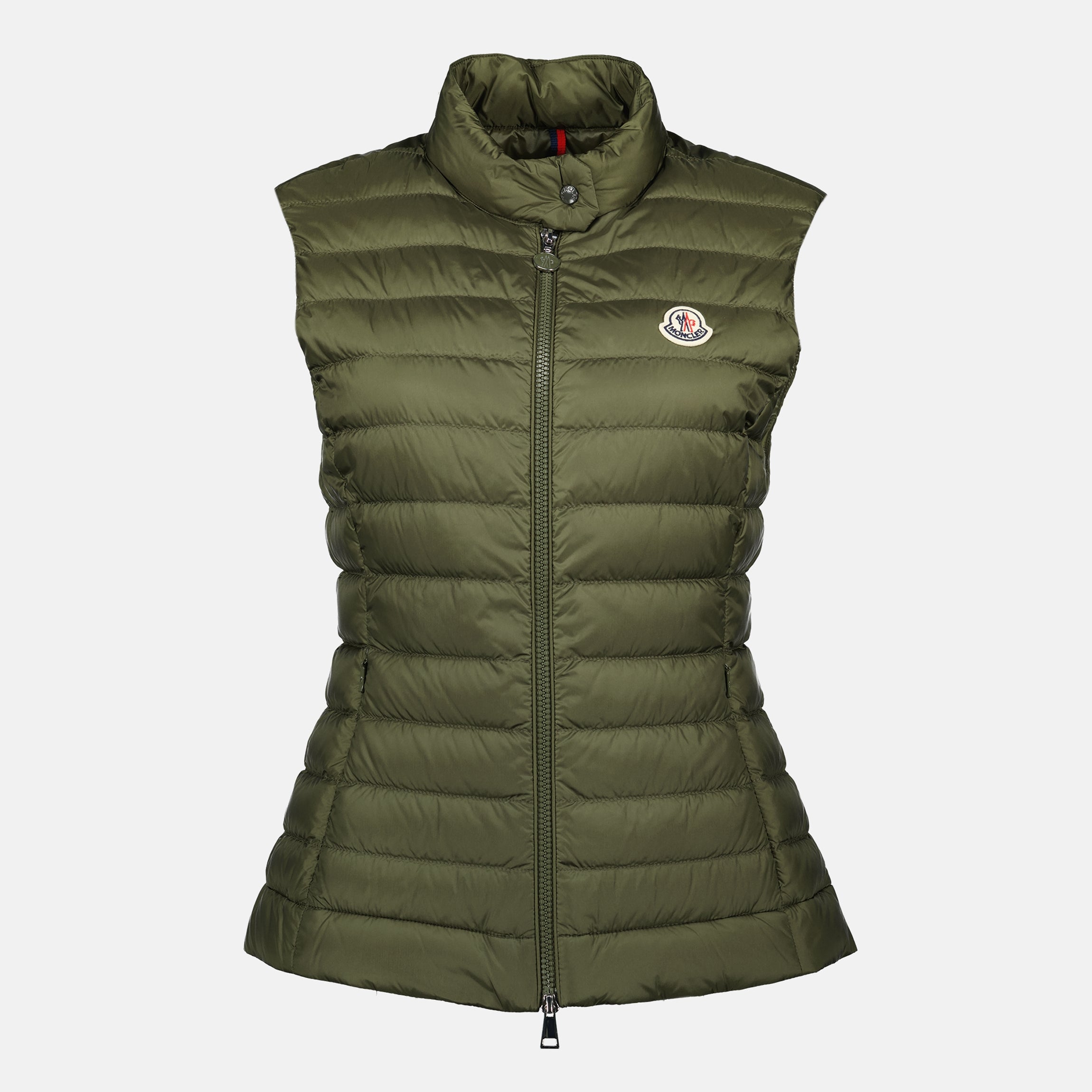 Image of the Moncler Women's Igens khaki sleeveless down jacket - Spring-Summer 2026 - Front View