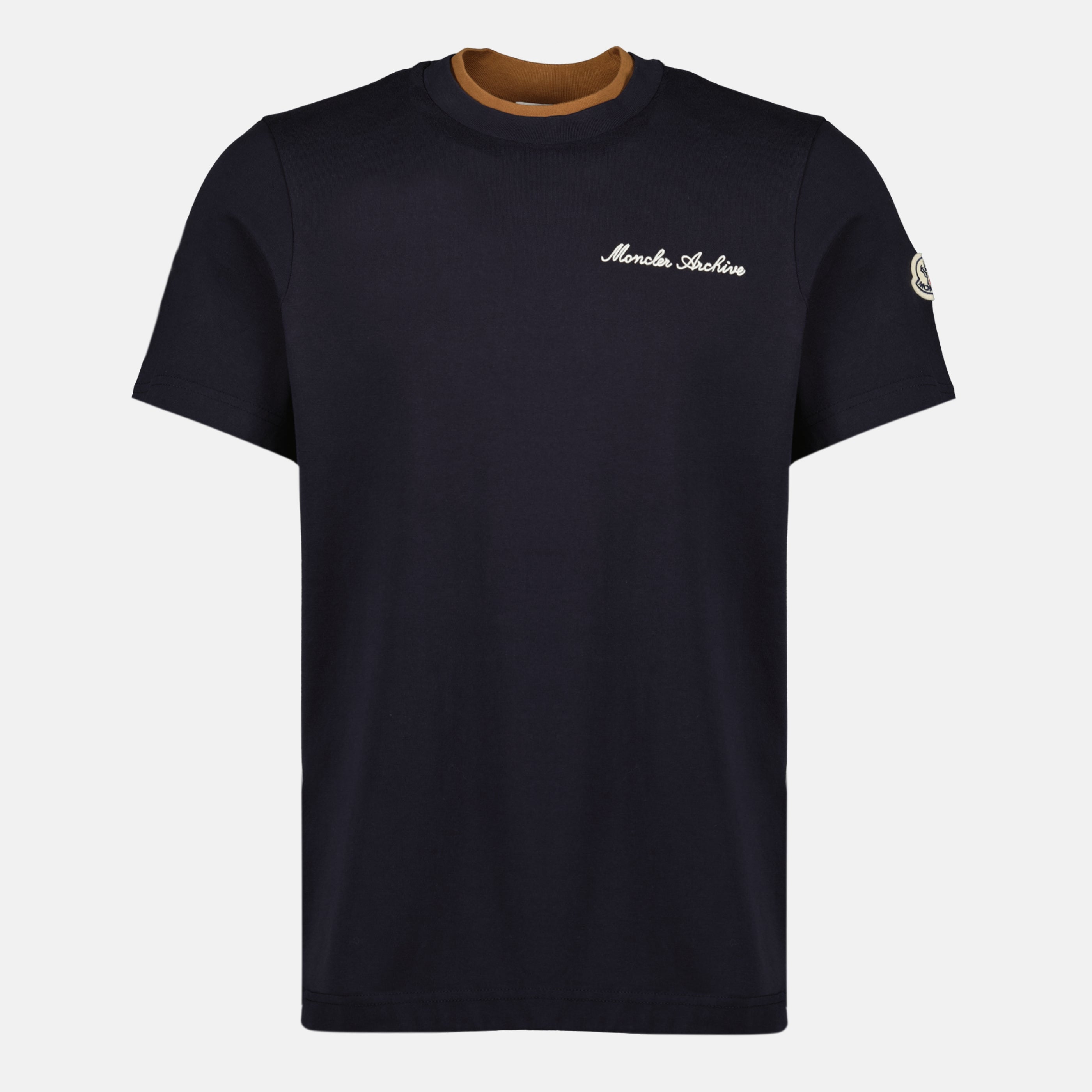 Image of the Moncler men's navy blue embroidered T-shirt - Spring-Summer 2026 - Front view