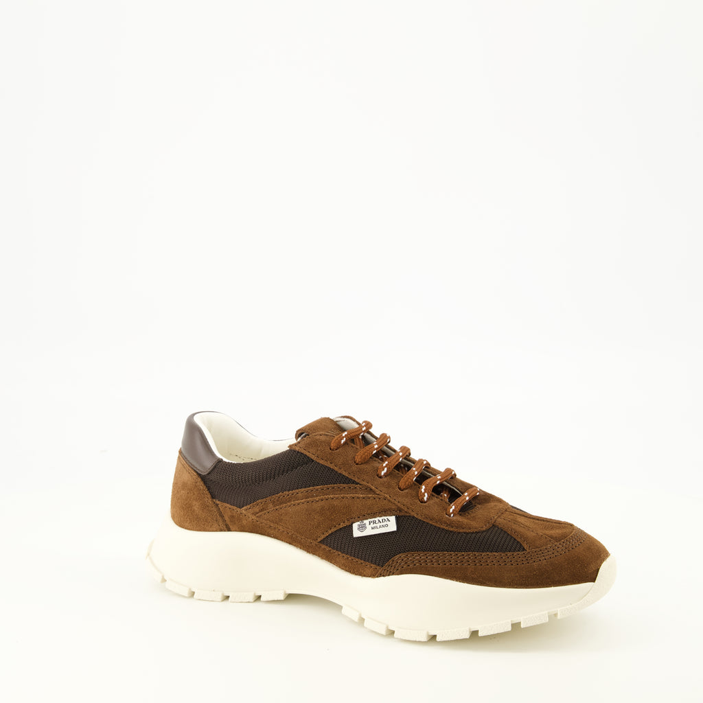 Baskets Baskets en mesh et suède marron Prada Marron Femme