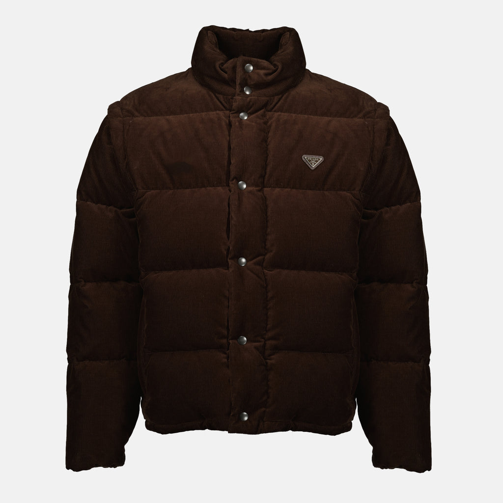 Image of the brown corduroy puffer jacket from Prada for Men - Autumn-Winter 2025 - Front View