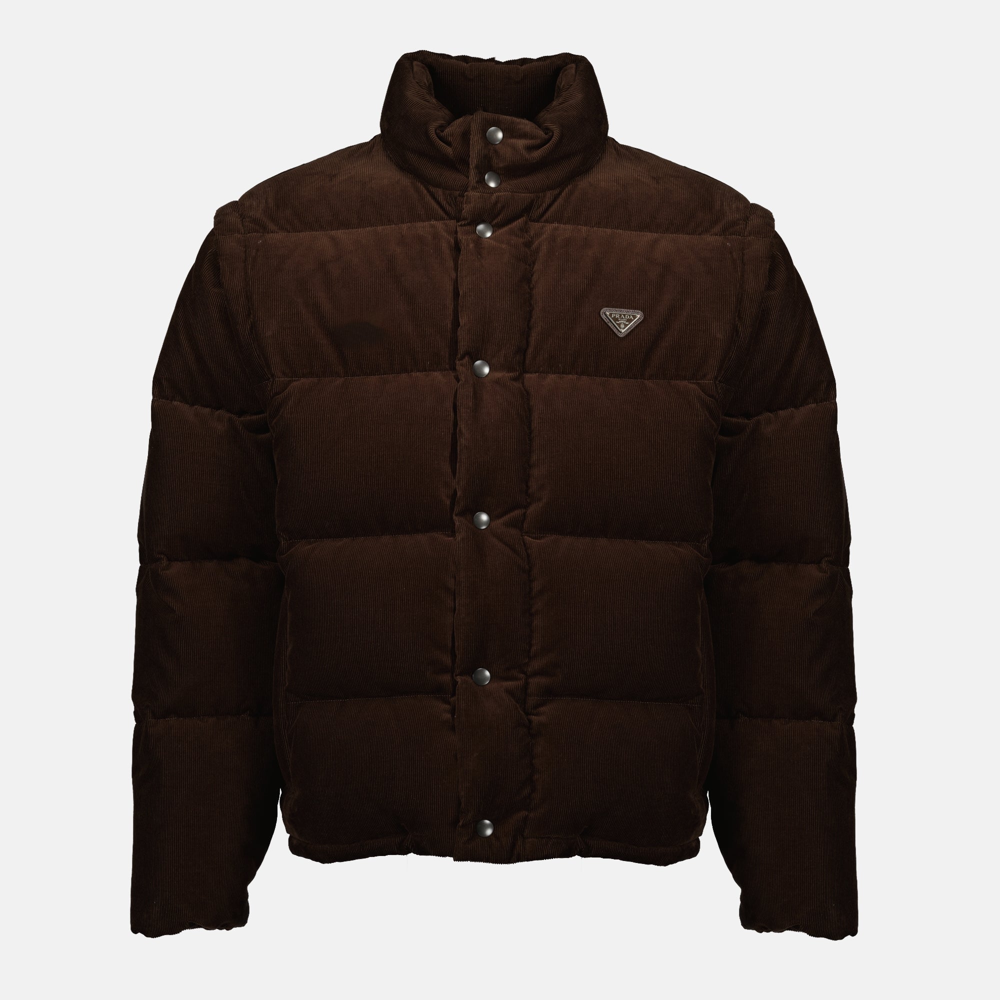 Image of the brown corduroy puffer jacket from Prada for Men - Autumn-Winter 2025 - Front View