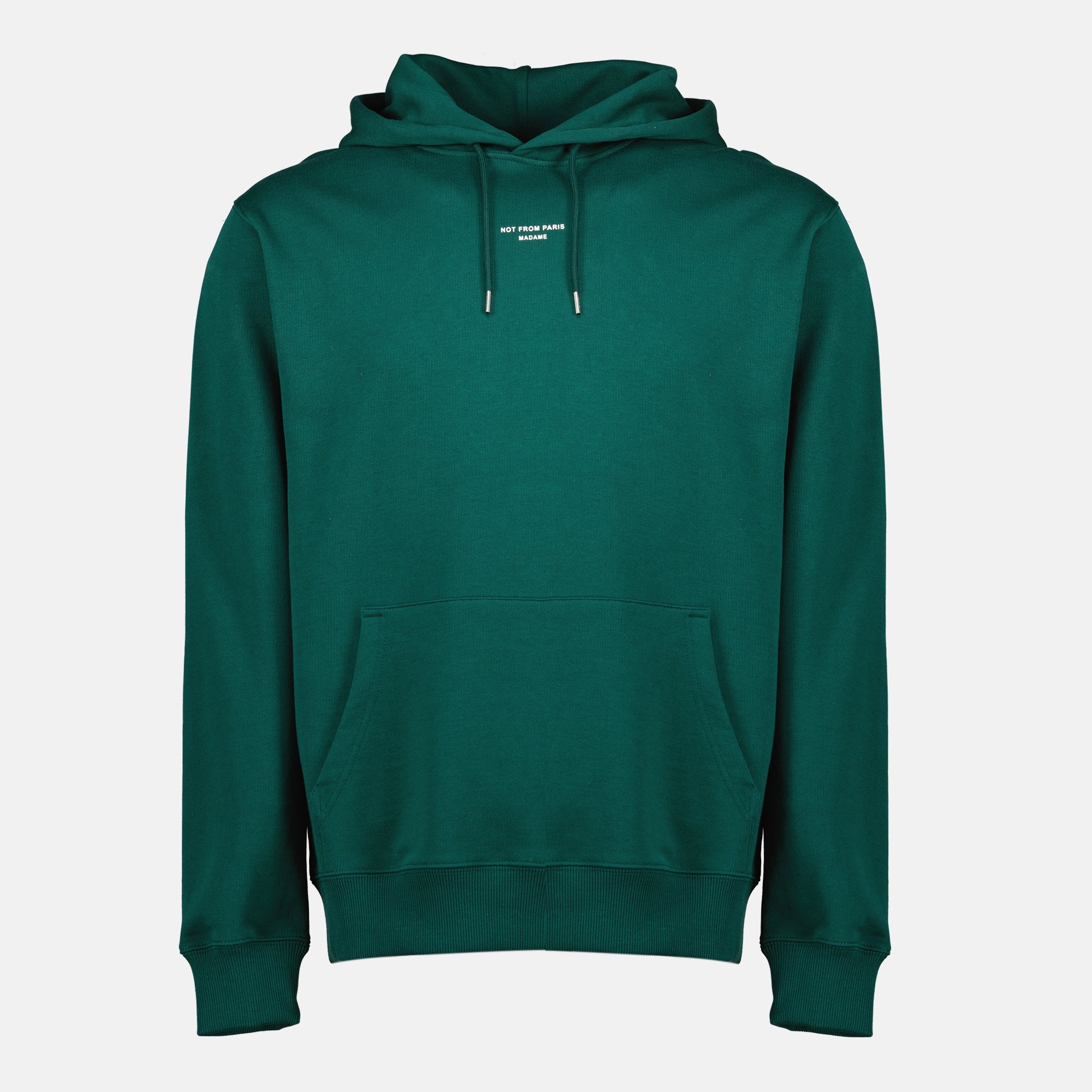 Bild des klassischen Slogan-Hoodies in Grün von Drole De Monsieur für Herren - Frühling-Sommer 2026 - Vorderansicht
