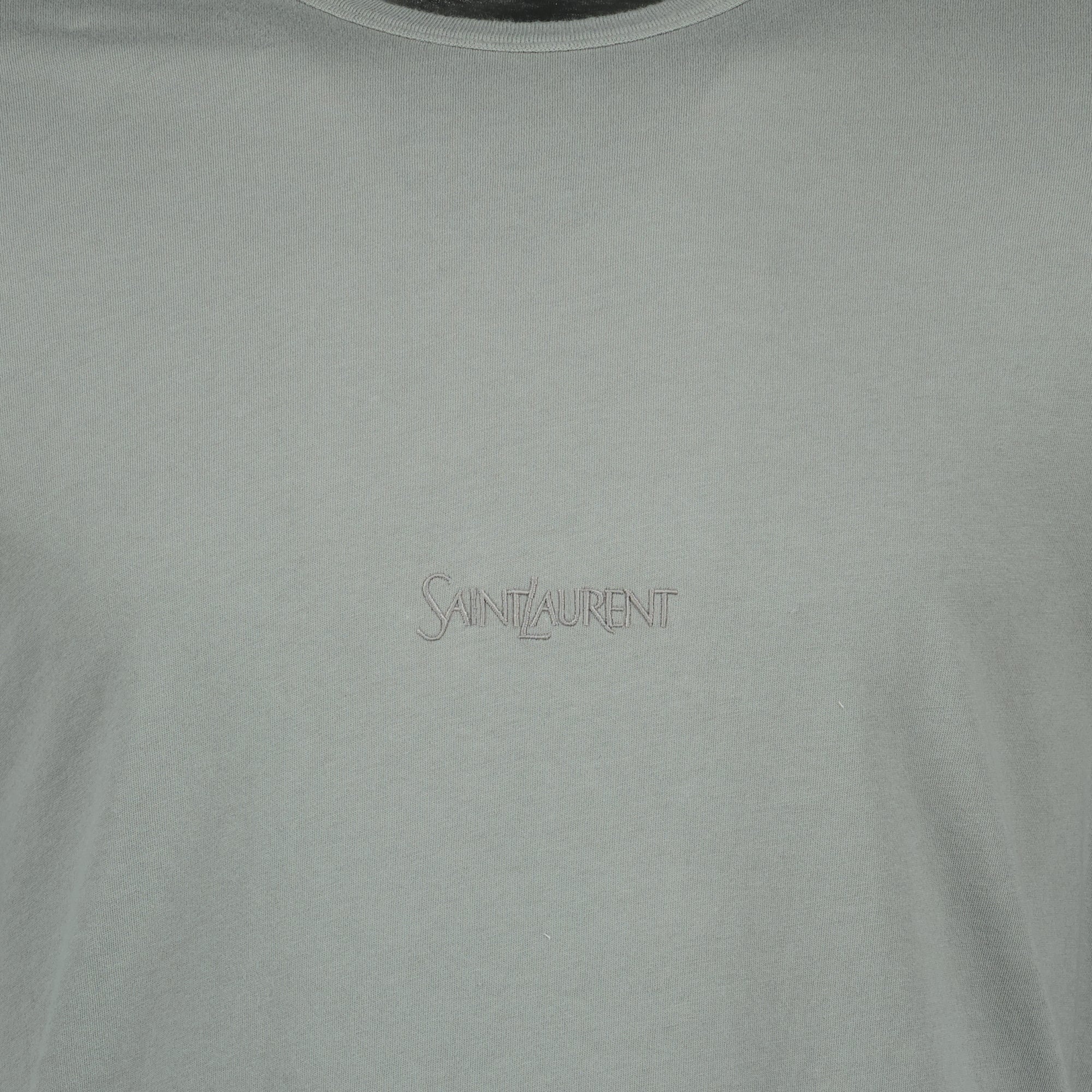 Image of the gray embroidered T-shirt from the brand Saint Laurent for Men - Fall-Winter 2025 - Detailed View_1