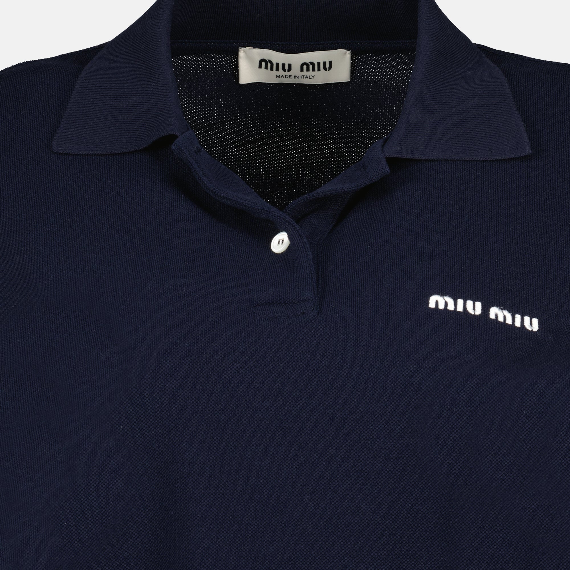 Bild des Marineblauen Baumwoll-Piqué-Polos von Miu Miu für Damen - Frühling-Sommer 2026 - Detailansicht_2