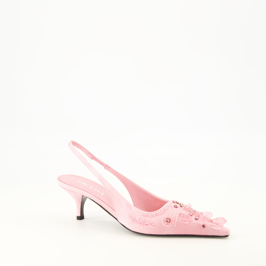 Escarpins Pink Bestickte Satin Babyabsätze Prada Rose Femme