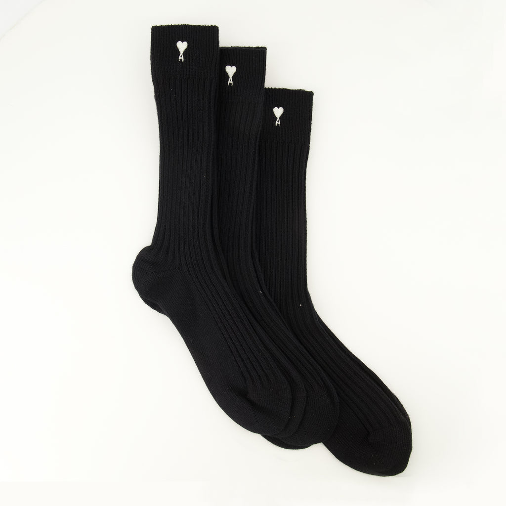 Image de l'article Lot de trois chaussettes AMI de coeur noir de la marque Ami PARIS pour Unisex - Saison Printemps-Été 2026 - Vue de Face