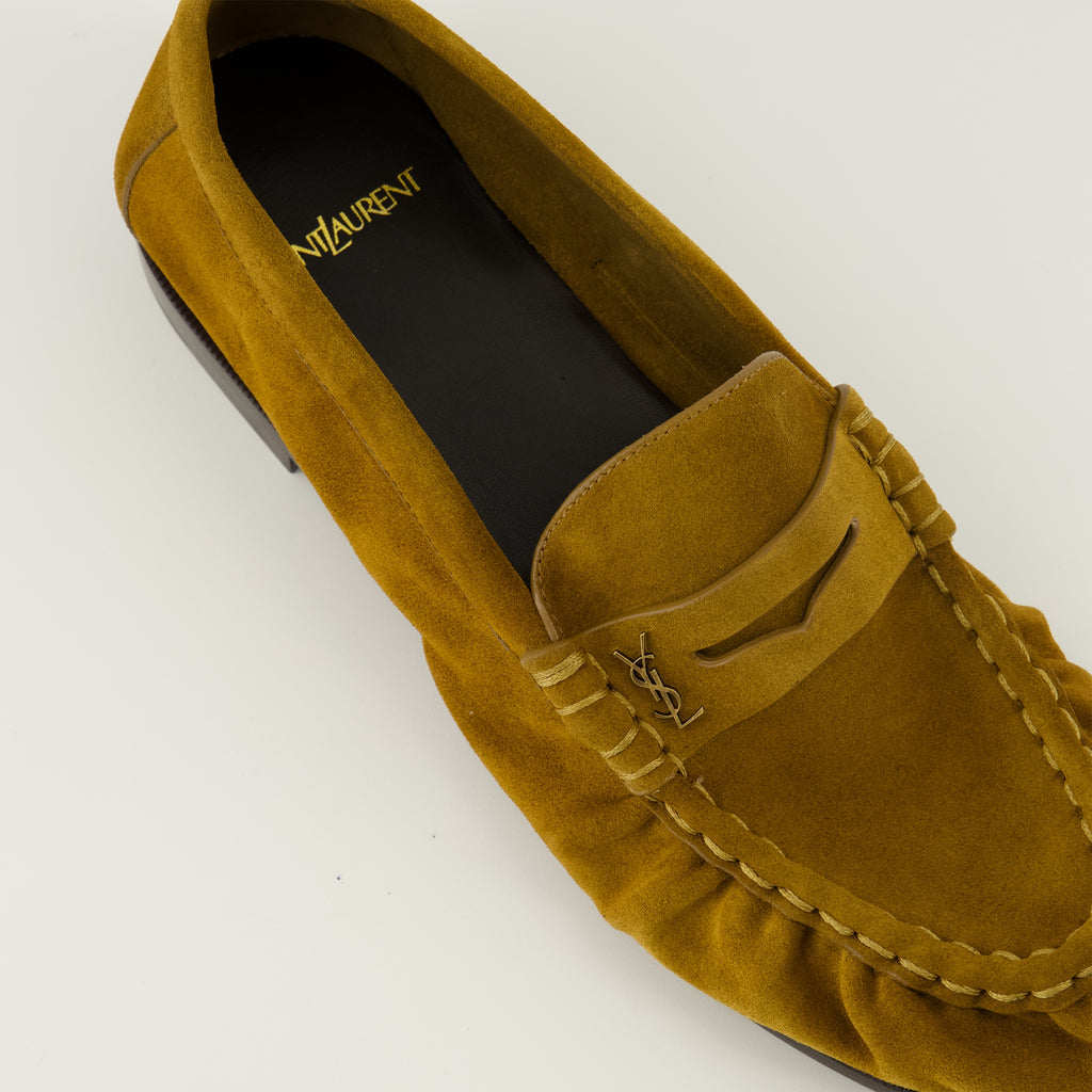 Image of the brown suede leather Loafer Moccasins by Saint Laurent for Men - Spring-Summer 2026 Season - Top Detail View