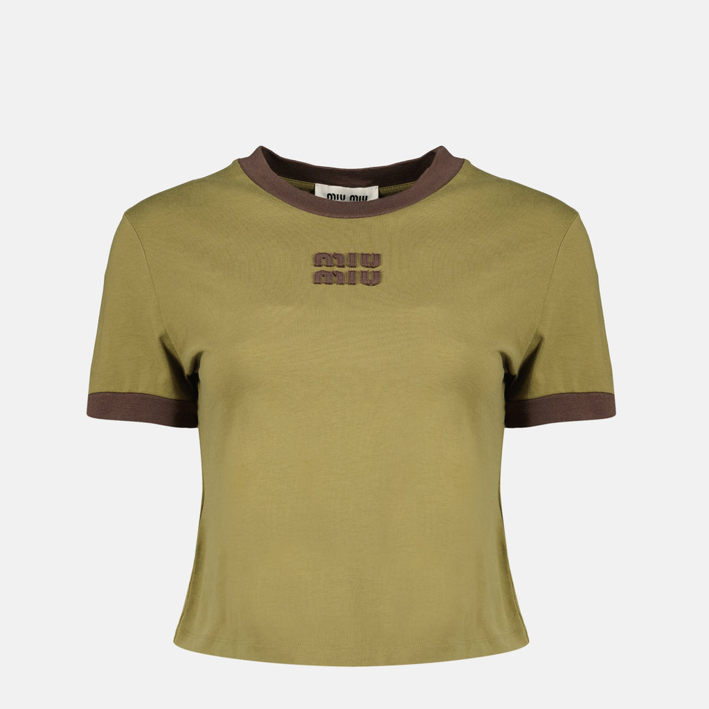 Imagen de la camiseta de algodón caqui para mujer de Miu Miu - Temporada Primavera-Verano 2026 - Vista Frontal