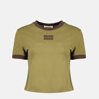 Imagen de la camiseta de algodón caqui para mujer de Miu Miu - Temporada Primavera-Verano 2026 - Vista Frontal