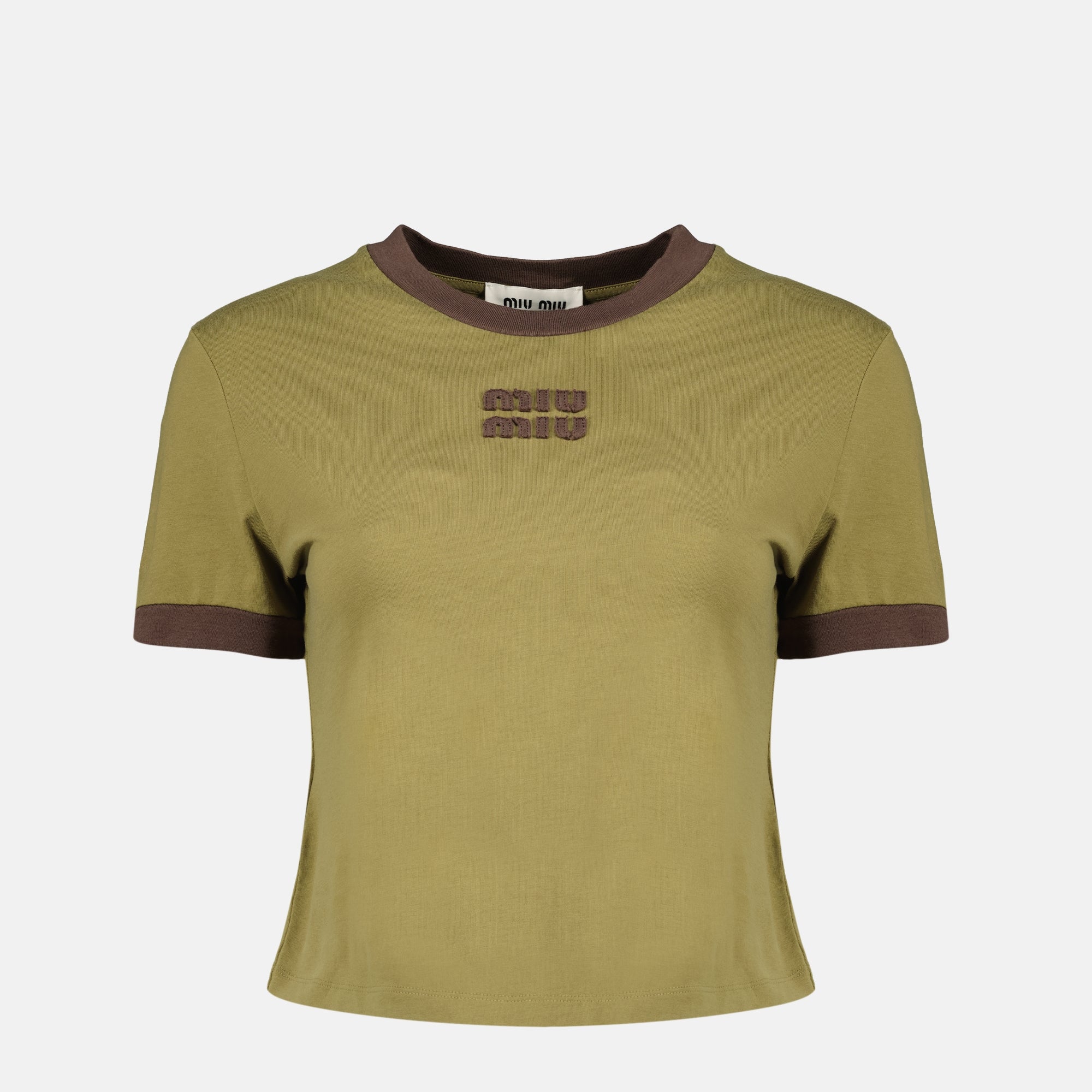 Imagen de la camiseta de algodón caqui para mujer de Miu Miu - Temporada Primavera-Verano 2026 - Vista Frontal