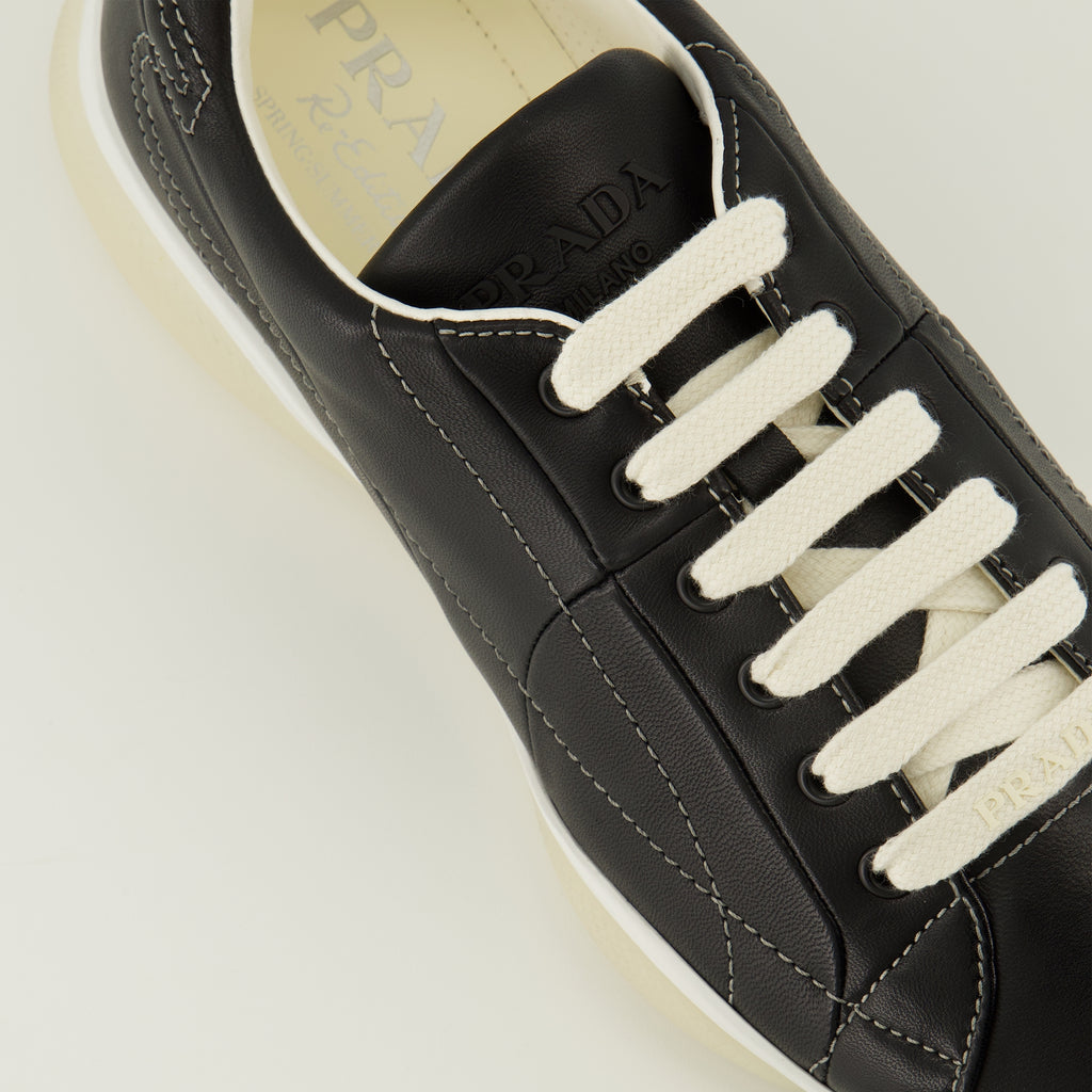 Image of the Prada Men's Black Leather America's Cup Sneakers - Fall-Winter 2025 - Top detail view
