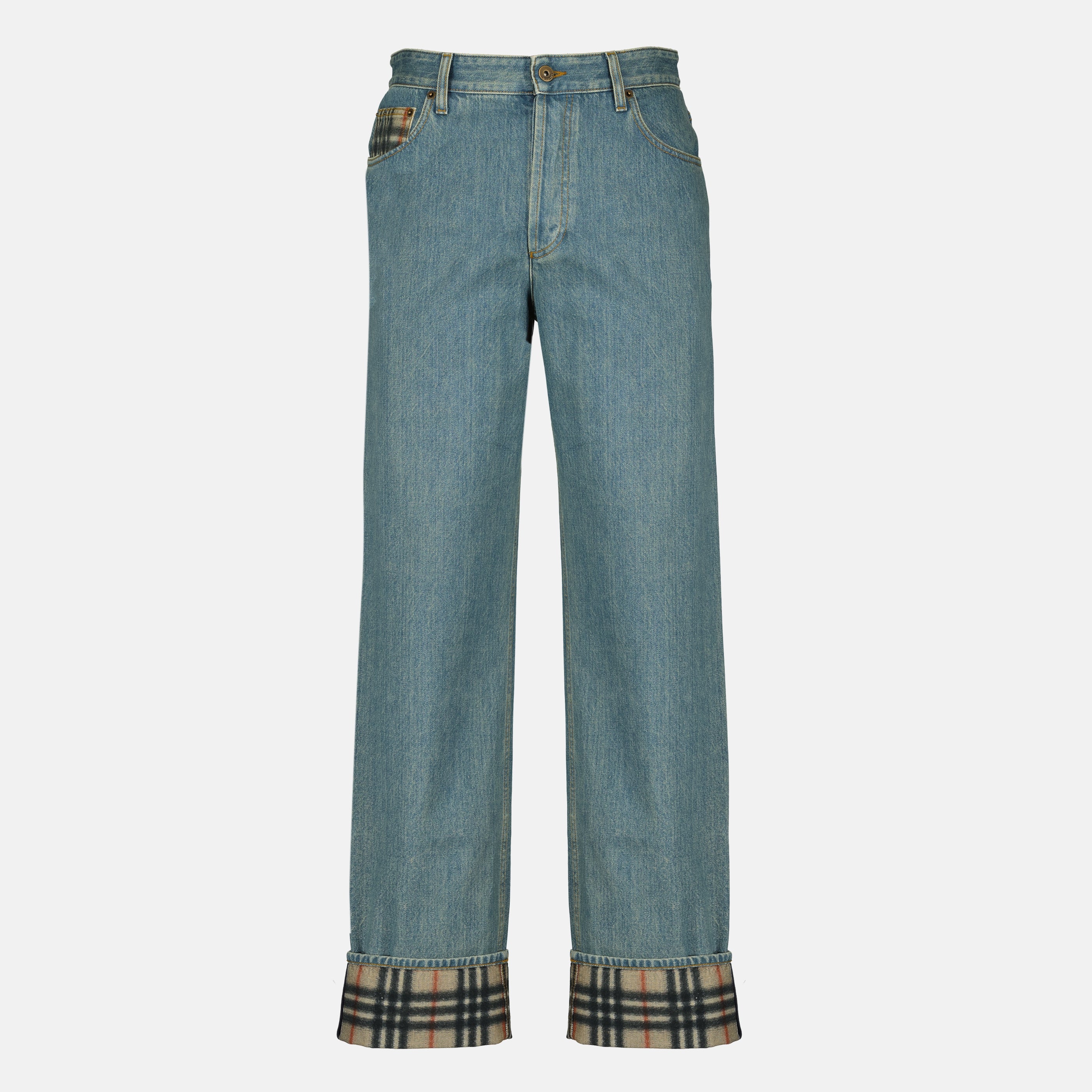 Pantalons Jean en denim à revers Check Burberry Bleu Homme