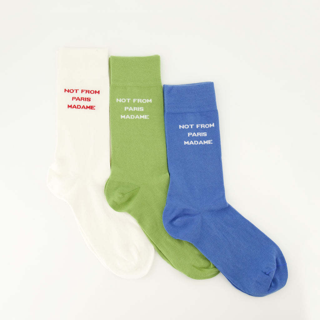 Imagen del artículo Paquete de 3 calcetines de algodón con eslogan de la marca Drole De Monsieur para hombre - Temporada Primavera-Verano 2026 - Vista Frontal