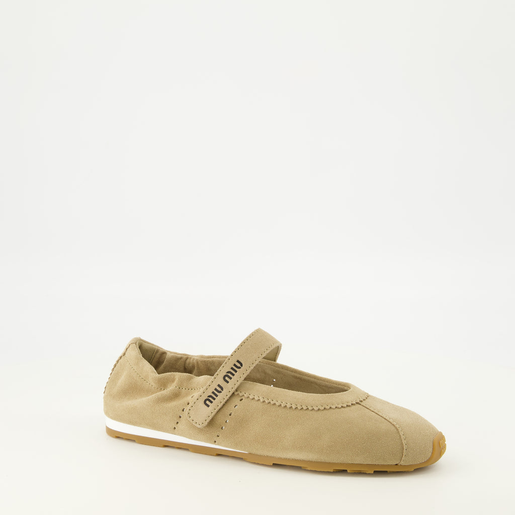 Chaussures plates Plume Ballet Flats en Ante Beige Miu Miu Beige Femme