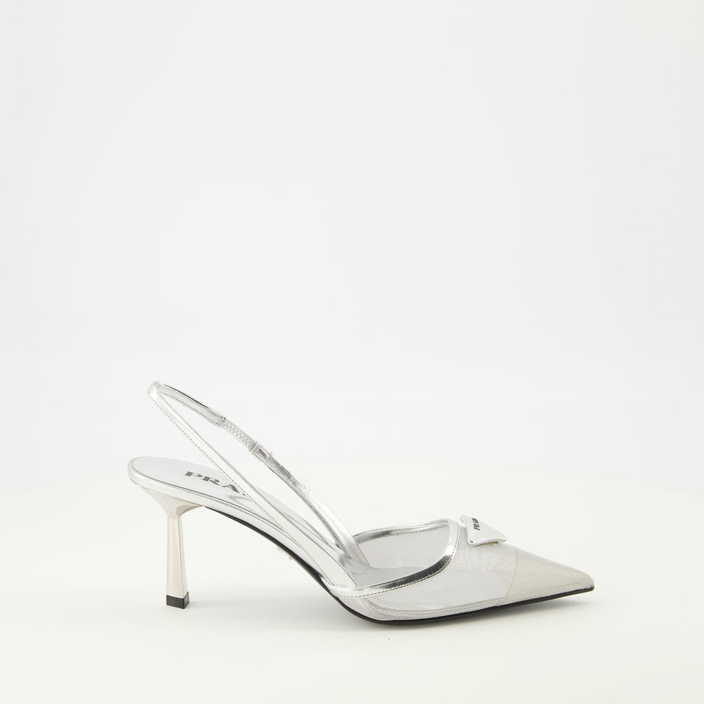 Immagine dei tacchi in rete argentata del marchio Prada per donna - Stagione Primavera-Estate 2026 - Vista laterale destra