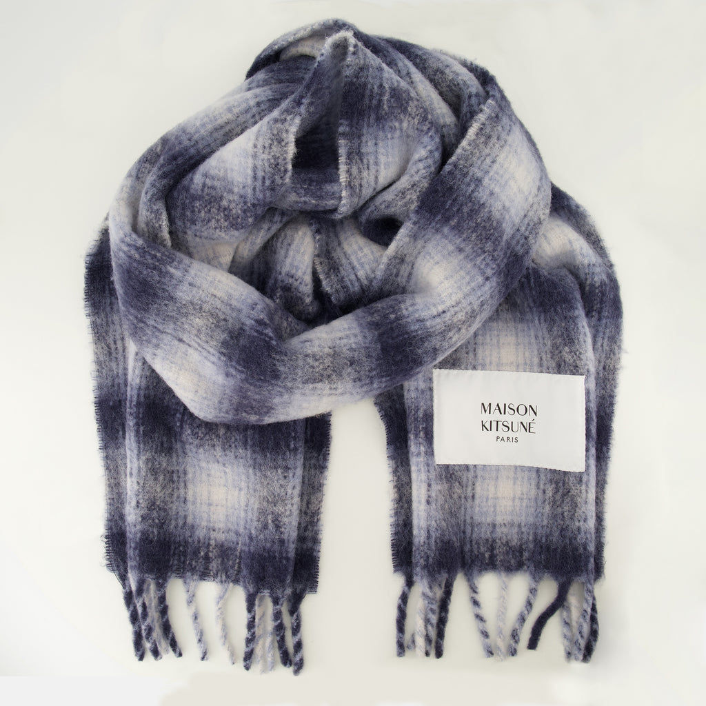 Écharpes, foulards et gants Karierte Alpaka-Schal Maison Kitsune Bleu foncé Homme