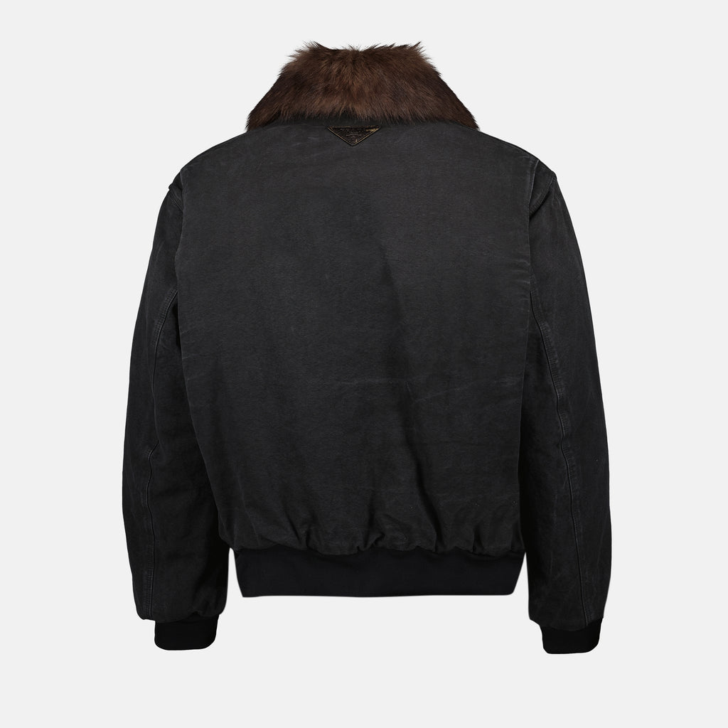 Manteaux Blouson à col fourré Prada Noir Homme