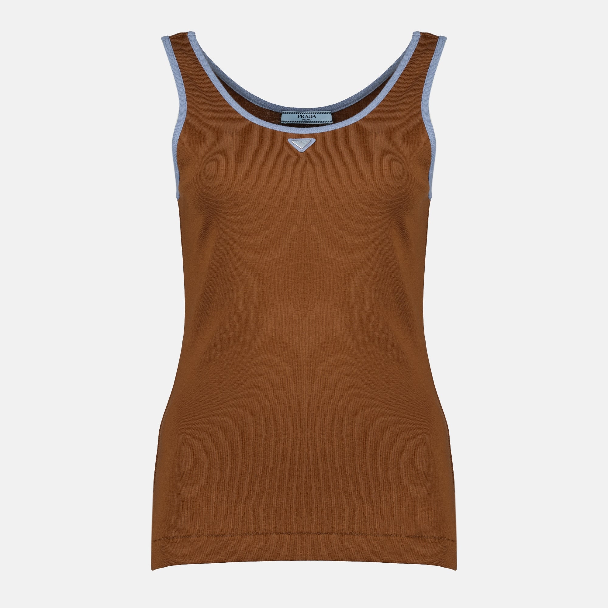 Image of the brown ribbed tank top from the brand Prada for women - Spring-Summer 2026 - Front view
