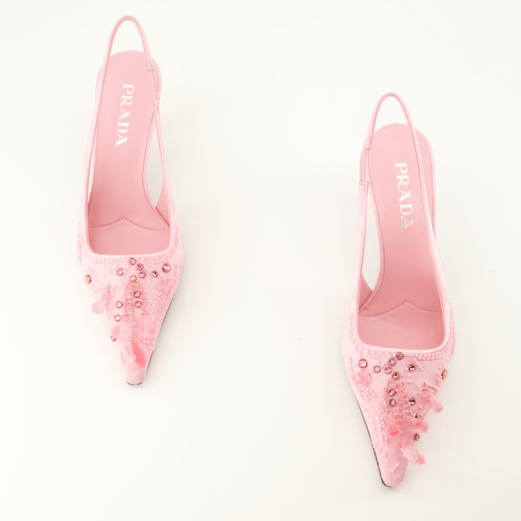 Escarpins Pink Bestickte Satin Babyabsätze Prada Rose Femme