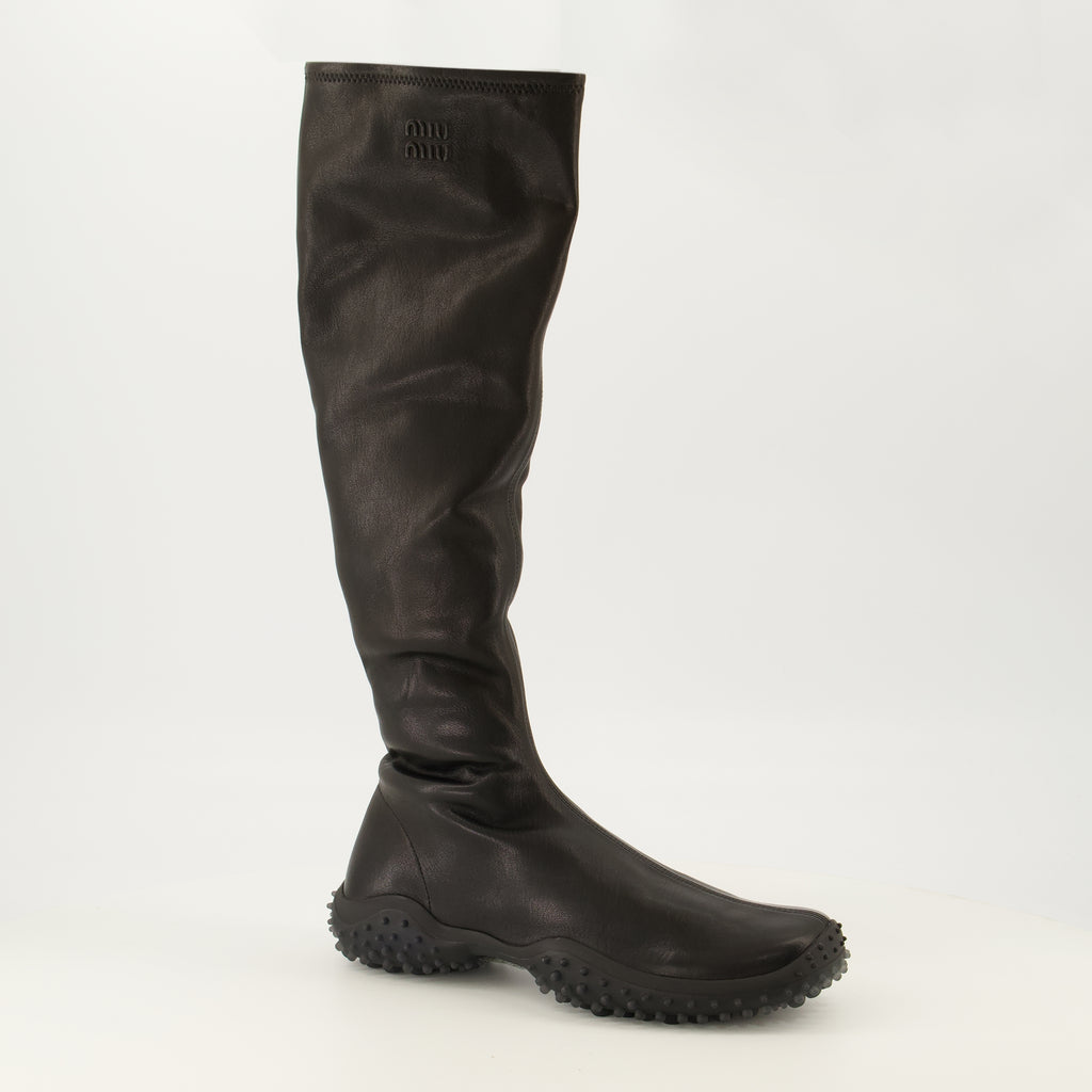 Bottes Botas de Cuero Nappa Negro Elásticas Miu Miu Noir Femme