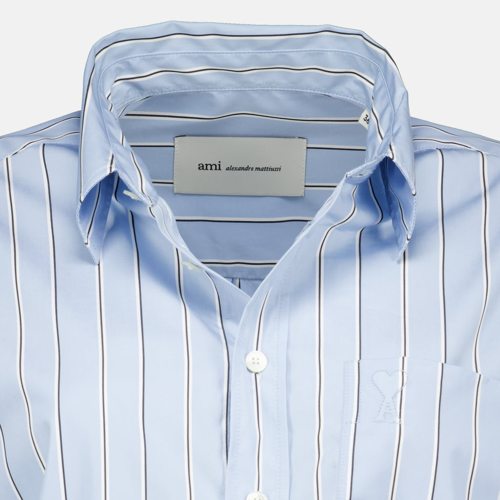 Chemises Camisa de Algodão Curta Azul às Riscas Ami PARIS Bleu Femme