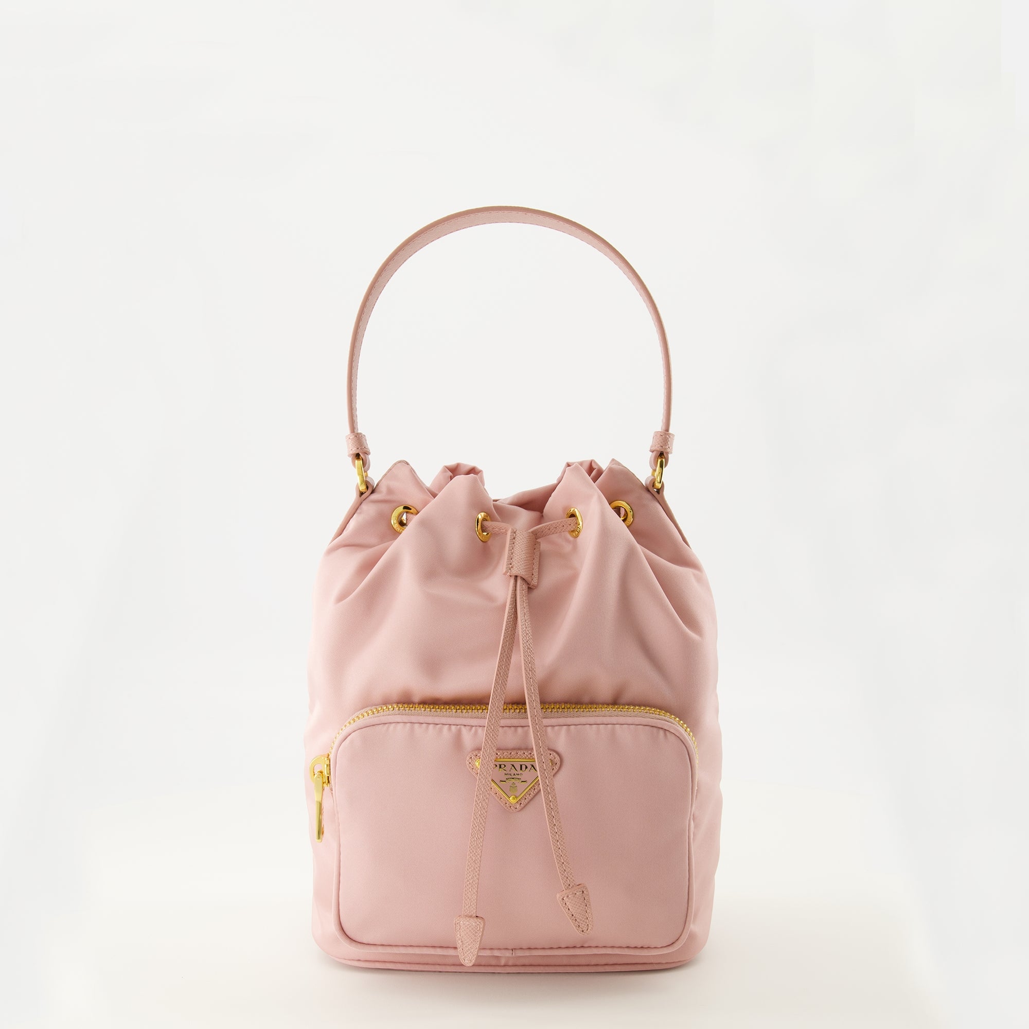 Imagem da bolsa bucket rosa em Re-Nylon da Prada para mulher - Primavera-Verão 2026 - Vista Frontal